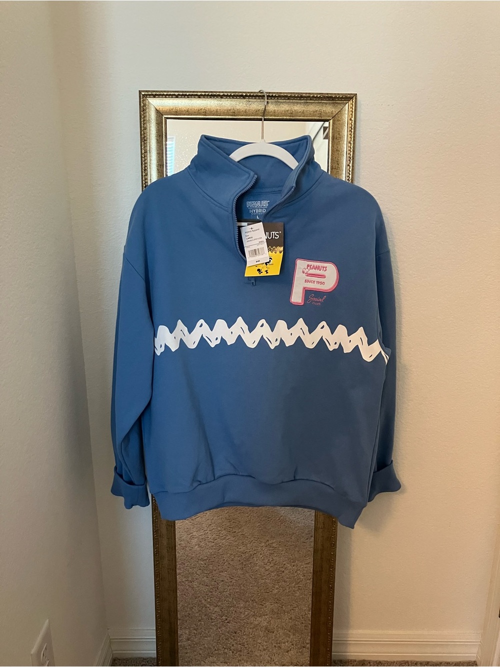 Hybrid Apparel Blue Quarter-Zip Sweater with White Zigzag Detail